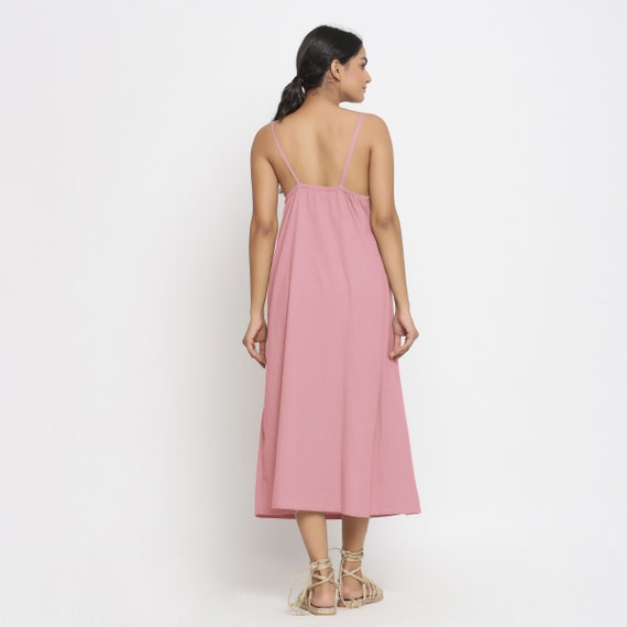 Pink Cotton Flax A line Dress Strap Sleeve Midi Dress Customizable Dress Slip Dress Dress With Pockets Plus Size Petite Tall Etsw Etsy Australia
