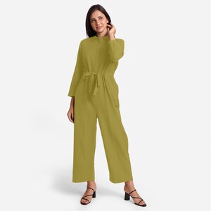 Cotton Flax Jumpsuit, Button-Down Flat Collar Jumpsuit, Customizable Jumpsuit with Pockets, Plus Size, Petite, Tall cw etsw image 6
