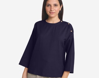 Navy Blue Cotton Flax Round Neck Top, Drop Shoulder Sleeves Top, Loose Fit A- Line Top etsw