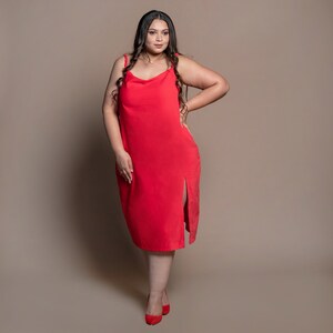 Red Cotton Velvet Slip Dress, A-Line Dress, Midi Dress, Cowl Neck Dress, Customizable Dress etsw
