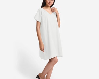 Túnica blanca con cuello en V, vestido recto de lino de algodón, vestido suelto con hombros caídos, vestido con bolsillos etsw