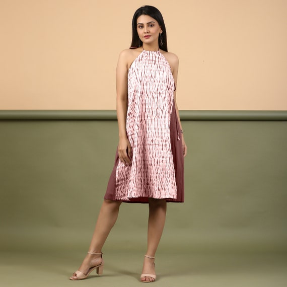 Shibori 100% Cotton Halter Neck A-line Dress, Knee Length Sleeveless Dress With Pockets, Customizable Dress, Plus Size, Petite, Tall Cw Etsw