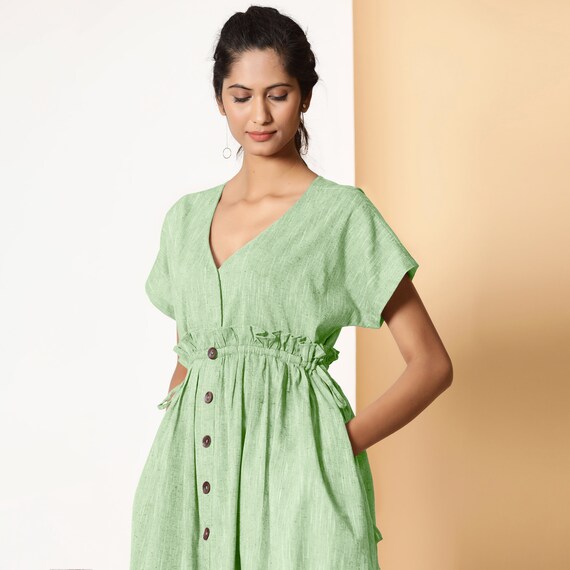 Bohemian Cotton Light Green Frilled Dress, Knee Length Button-Down Boho Dress with Pockets, Customizable Dress, Plus Size, Petite, Tall etsw Bohemian Cotton Light Green Frilled Dress, Knee Length Button-Down Boho Dress with Pockets, Customizable Dress, Plus Size, Petite, Tall etsw