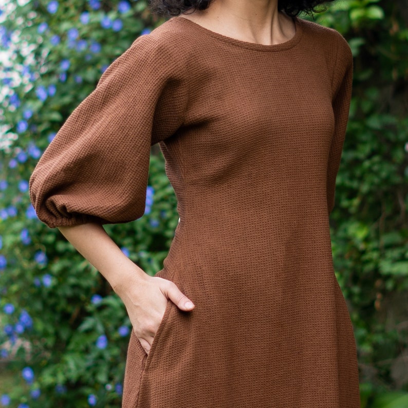 Brown Waffle Maxi Dress, Fit & Flare Cotton Dress with Pockets, Balloon Sleeves, Customizable, Plus Size Dress, Petite, Tall etsw image 2