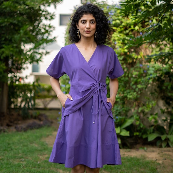 Purple Wrap Dress, V-Neck Dress with Pockets, Knee Length, Cotton, Fit & Flare, Customizable, Plus Size Dress, Petite, Tall etsw