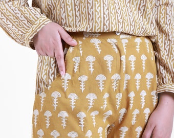 Mustard 100% Cotton Block Print Pant, Customizable Pant, High-Rise Pant with Pockets, Wide Legged Pant, Plus Size, Petite, Tall etsw