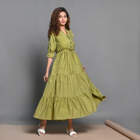 Olive Green Handspun 100 Cotton Boho Dress Bohemian Dress
