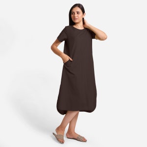 Abito midi in lino di cotone marrone, abito personalizzabile, abito a girocollo, abito a trapezio alto-basso con tasche, taglie forti, Petite, alto etsw