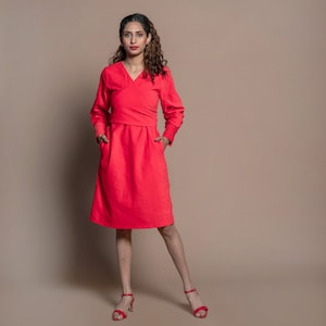Red Cotton Velvet Wrap Dress, A-Line Dress, Knee Length Dress, Relaxed Fit Dress, Customizable Dress, Dress With Pockets etsw