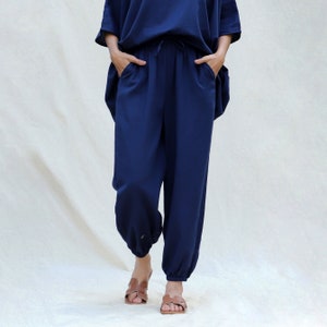 Navy Blue Cotton Flax Jogger Pant, High-Rise Elasticated Pant, Ankle Length Pajama Pant, Pant With Pockets etsw
