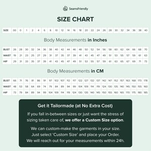 May include: Size chart with body measurements in inches and centimeters. Includes bust, waist, and hip measurements, with sizes ranging from 00 to 40. The chart also includes a section about custom sizing options.