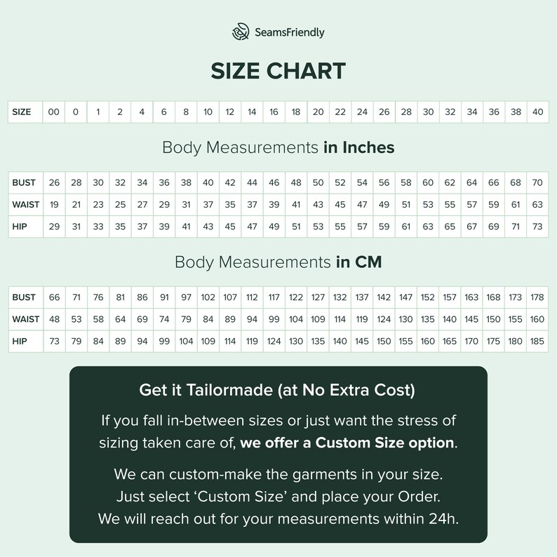 May include: Size chart with body measurements in inches and centimeters. Includes bust, waist, and hip measurements, with sizes ranging from 00 to 40. The chart also includes a section about custom sizing options.