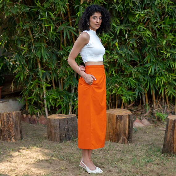 Orange Cotton Poplin Skirt, High-rise Midi Skirt, Orange