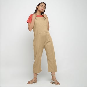 Beige Strap Sleeve Dungaree Jumpsuit, Women Cotton Dungaree, Jumpsuits With Pockets etsw