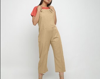 Beige Strap Sleeve Dungaree Jumpsuit, Women Cotton Dungaree, Jumpsuits With Pockets etsw