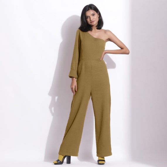 Olive Green Warm Cotton Waffle Ankle Length Jumpsuit, Pockets Jumpsuit,  One-shoulder Jumpsuit, Customizable Jumpsuit Etsw -  Canada