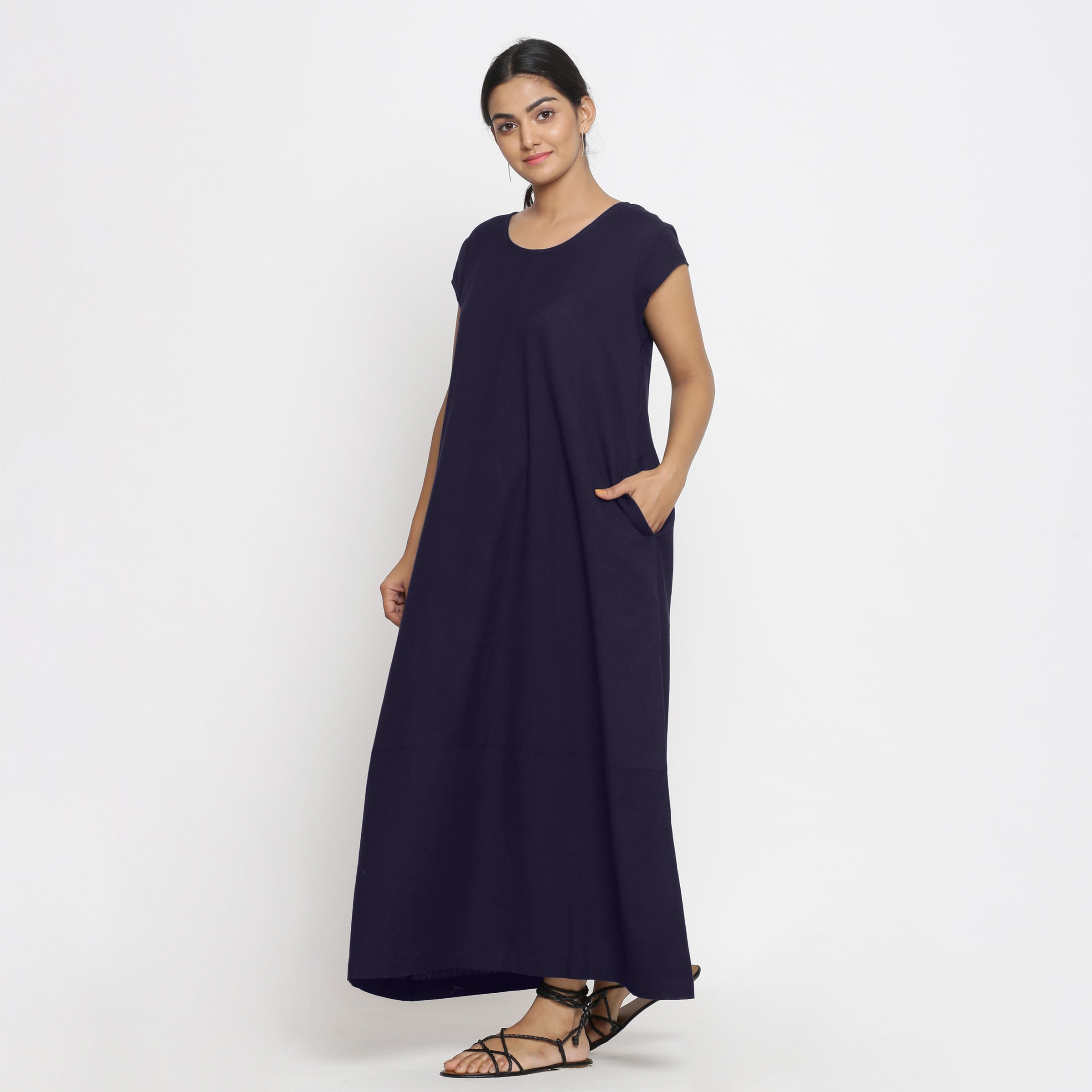 Navy Blue Cotton Flax Maxi Dress, Customizable Dress for Women, A-line  Scoop Neck Dress With Pockets, Plus Size, Petite, Tall Etsw - Etsy