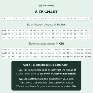 May include: Size chart for clothing with measurements in inches and centimeters. The chart shows bust, waist, and hip measurements for sizes 00 to 40. The chart also includes the text "Get it Tailormade (at No Extra Cost)" and "We offer a Custom Size option."