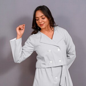 Cloudy Grey Warm Cotton Flannel Double-Breasted Shacket, Full Sleeve Shaket, Pockets Outerwear, Customizable Jacket  etsw