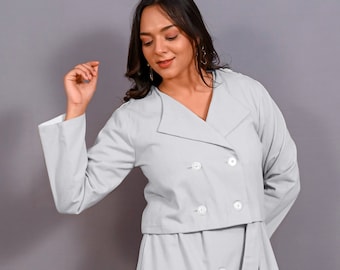 Cloudy Grey Warm Cotton Flannel Double-Breasted Shacket, Full Sleeve Shaket, Pockets Outerwear, Customizable Jacket  etsw