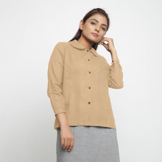 Beige Peter Pan Collar Shirt, Solid Wood Button Shirt, Relaxed Fit Shirt Top