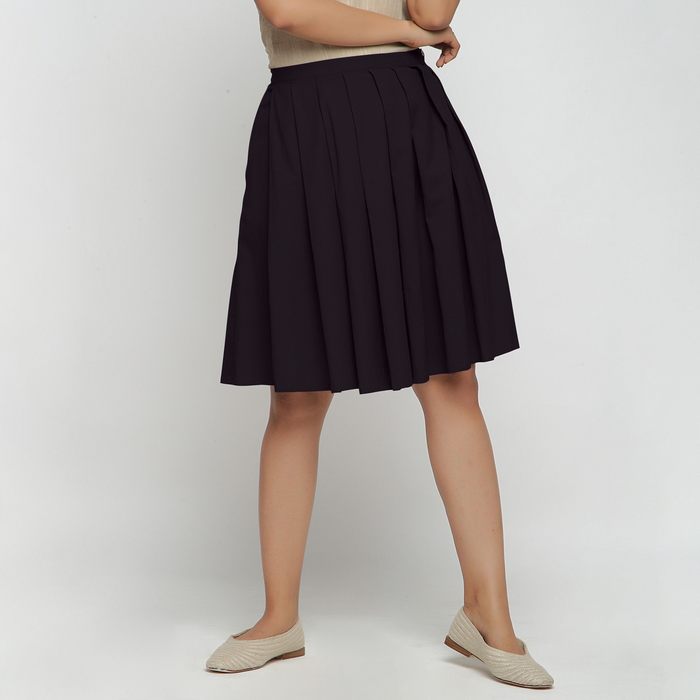 Black Cotton Flax Knee Length Skirt, Customizable Skirt, Mid-rise