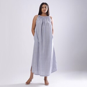 Powdered Blue Cotton Khadi Maxi Dress, Customizable Dress for Women, Gathered Flared Dress with Pockets, Plus Size, Petite, Tall etsw