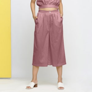 Purple Yarn-Dyed 100% Cotton Flared Culottes, Mid Rise Comfy Pant, Banded Waist Pant with Pockets, Customizable Pant etsw