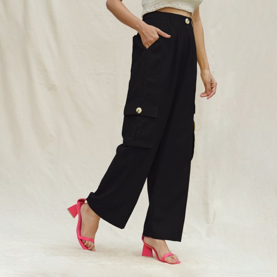 Black Cotton Flax Elasticated High-Rise Cargo Pant, Full Length Pant, Pant With Pockets, Customizable Pant etsw