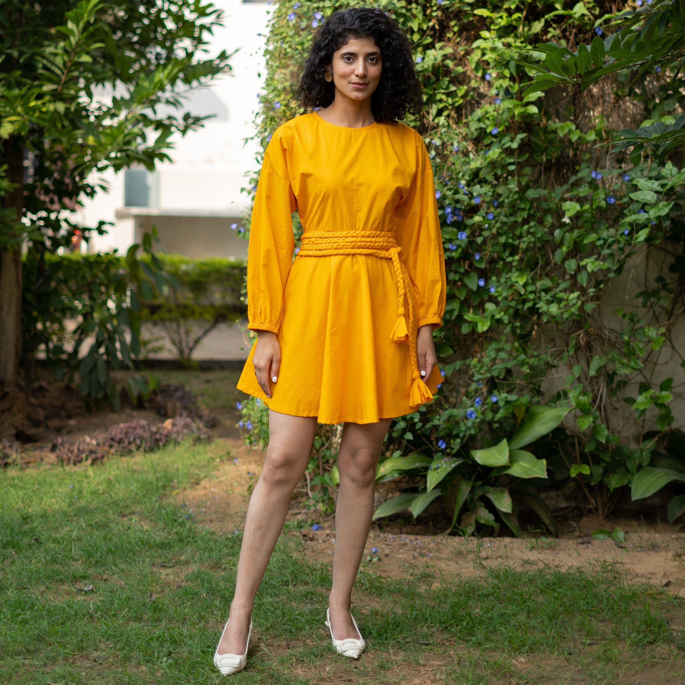 short yellow flowy dress With Belt, Fit & Flare Dress With Pockets, Balloon Sleeves, Cotton, Customizable, Plus Size Dress, Petite, Tall Etsw ebay270526