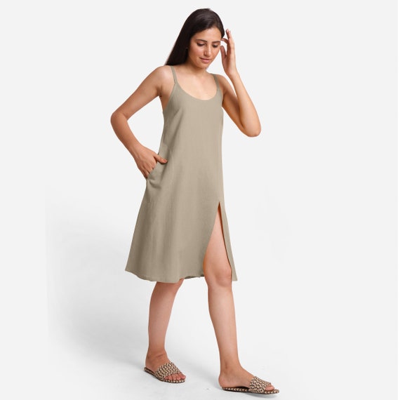 Beige Cotton Flax Knee Length Slit Dress, Customizable Dress for Women, A-Line Slip Dress with Pockets, Plus Size, Petite, Tall etsw