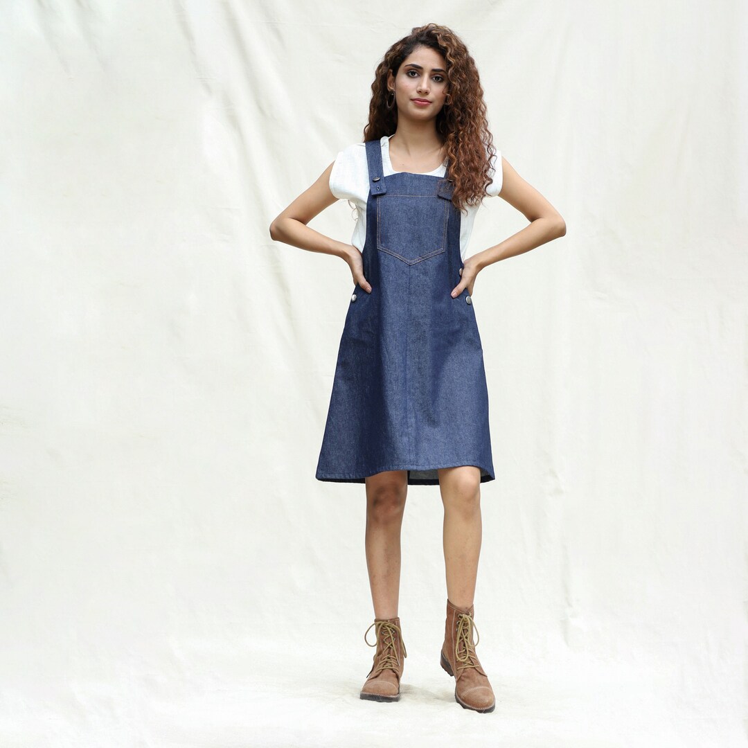 Indigo Cotton Denim Pinafore Knee Length Dress, Strap Sleeve A-Line Dress with Pockets, Customizable Dress, Plus Size, Petite, Tall etsw