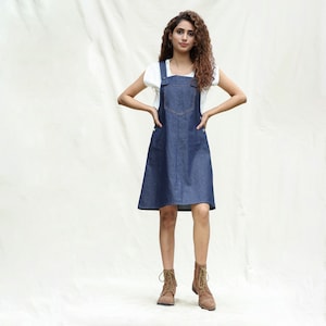 Indigo Cotton Denim Pinafore Knee Length Dress, Strap Sleeve A-Line Dress with Pockets, Customizable Dress, Plus Size, Petite, Tall etsw