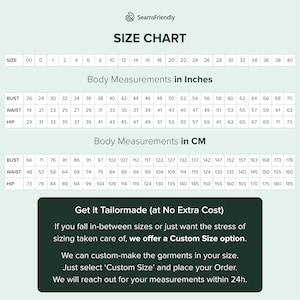 May include: Size chart for clothing with measurements in inches and centimetres. The chart shows bust, waist, and hip measurements for sizes 00 to 40. The chart also includes the text "Get it Tailormade (at No Extra Cost)" and "We offer a Custom Size option."