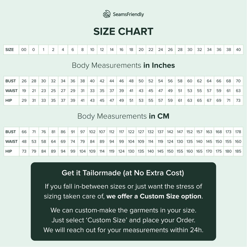 May include: Size chart for clothing with measurements in inches and centimetres. The chart shows bust, waist, and hip measurements for sizes 00 to 40. The chart also includes the text "Get it Tailormade (at No Extra Cost)" and "We offer a Custom Size option."