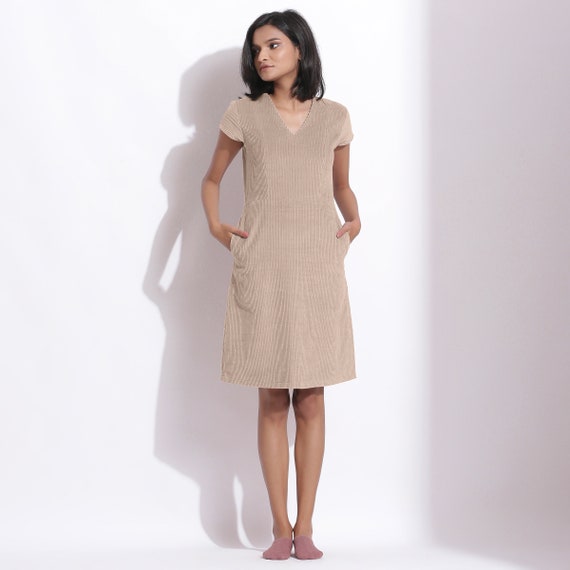 100% Cotton Corduroy Shift Dress, Customizable V-neck Dress for