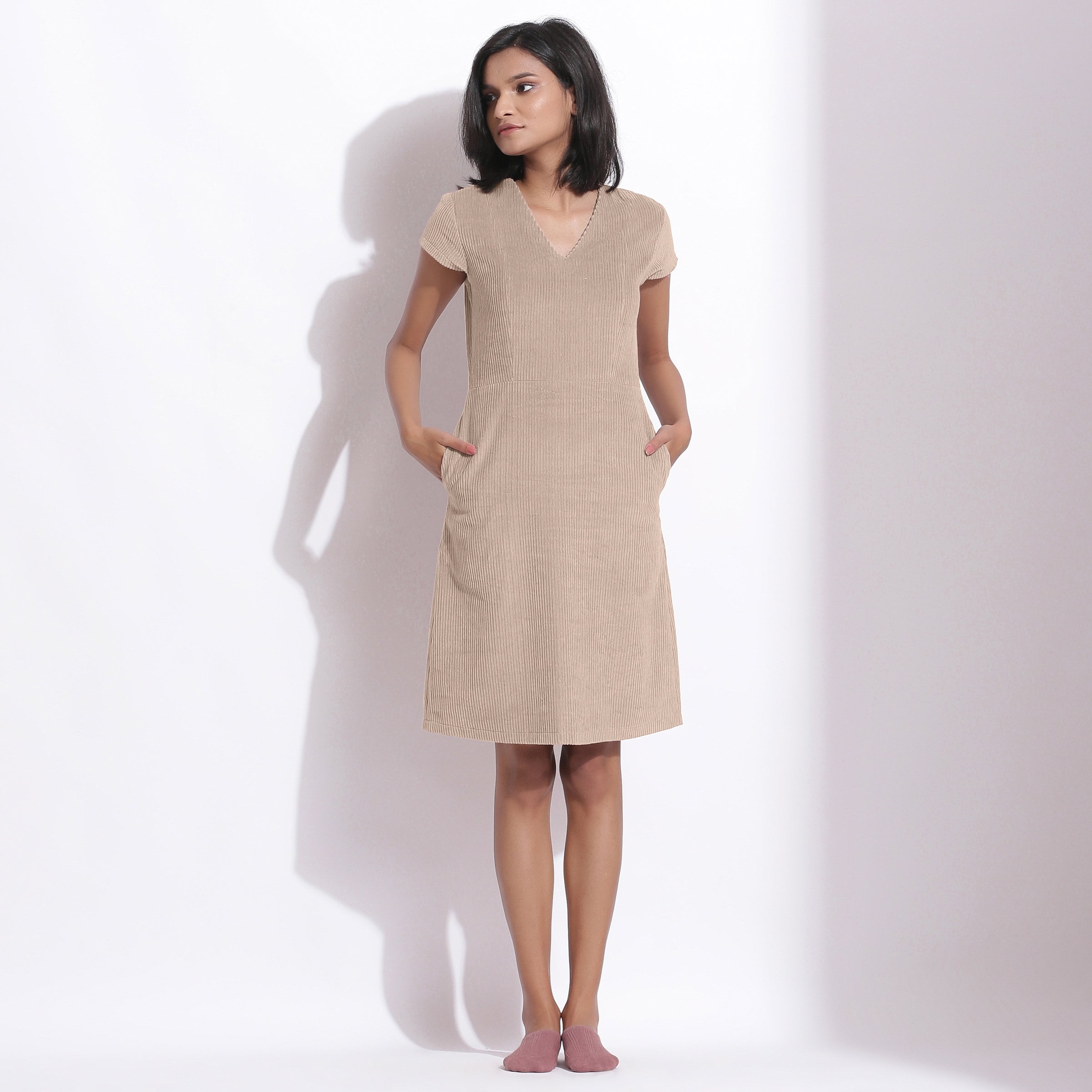 100% Cotton Corduroy Shift Dress, Customizable V-neck Dress 100% Cotton Corduroy Shift Dress, Customizable V-neck Dress