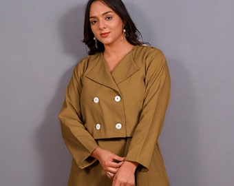 Mustard Warm Cotton Flannel Double-Breasted Button-Down Shacket, Full Sleeve Shaket, Pockets Outerwear, Customizable Jacket  etsw