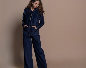 Navy Blue Cotton Velvet Hoodie Jacket, Front Open Jacket, Customizable Jacket, Short Jacket for Women, Jacket With Pockets