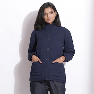 Navy Blue Waffle Quilted Puffer Jacket, High Neck Short Puffer Jacket, Customizable Cotton Waffle Jacket, Jacket With Pockets etsw