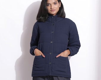 Navy Blue Waffle Quilted Puffer Jacket, High Neck Short Puffer Jacket, Customizable Cotton Waffle Jacket, Jacket With Pockets etsw