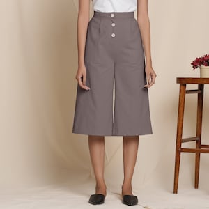Pantaloni culotte grigio nuvoloso in flanella di cotone 100%, pantaloni capri, culotte a vita media, pantaloni personalizzabili con tasche, taglie forti, petite, alti cw etsw