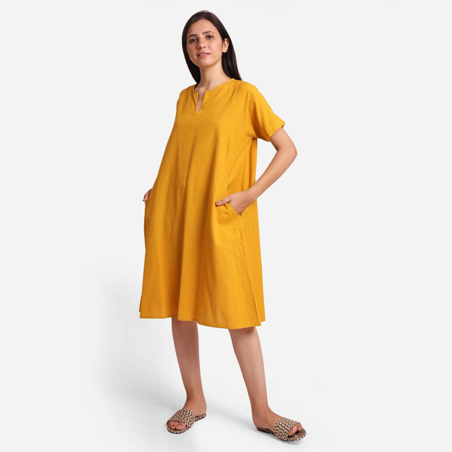 Mustard Cotton Flax Knee Length Dress Customizable Dress for Etsy