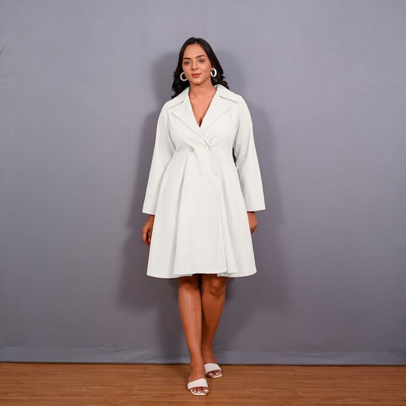 White Warm Cotton Flannel Fit and Flare Knee Length Blazer Dress, Dress With Pockets, Notched Collar Dress, Customizable Dress etsw