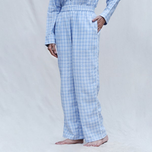 Powder Blue Handspun 100% Cotton High-Rise Pajama, High-Rise Pant, Customizable Checks Pant with Pockets, Plus Size, Petite, Tall etsw