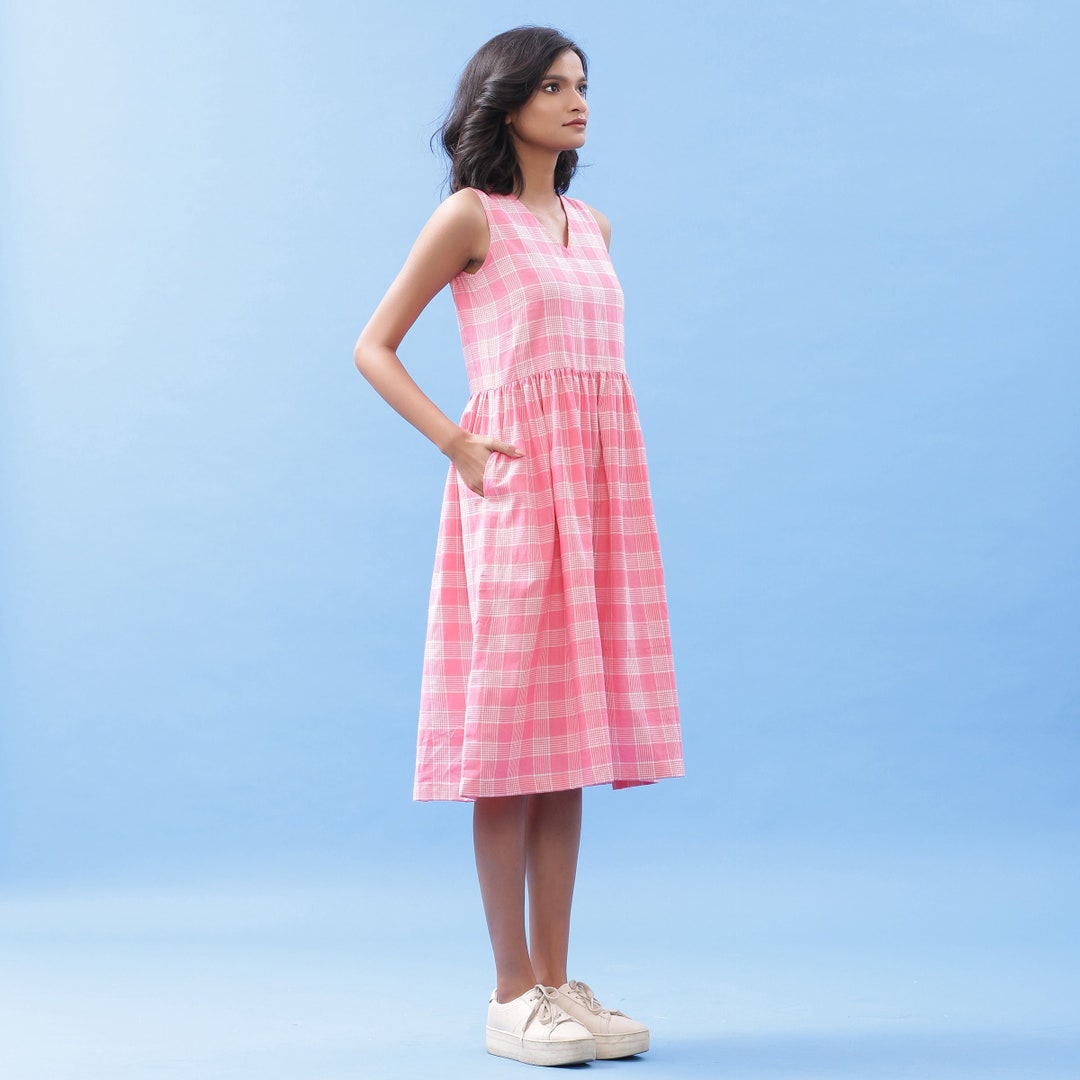 Powder Pink 100% Cotton Knee Length Dress, Customizable Dress, Sleeveless Fit and Flare Dress with Pockets, Plus Size, Petite, Tall etsw