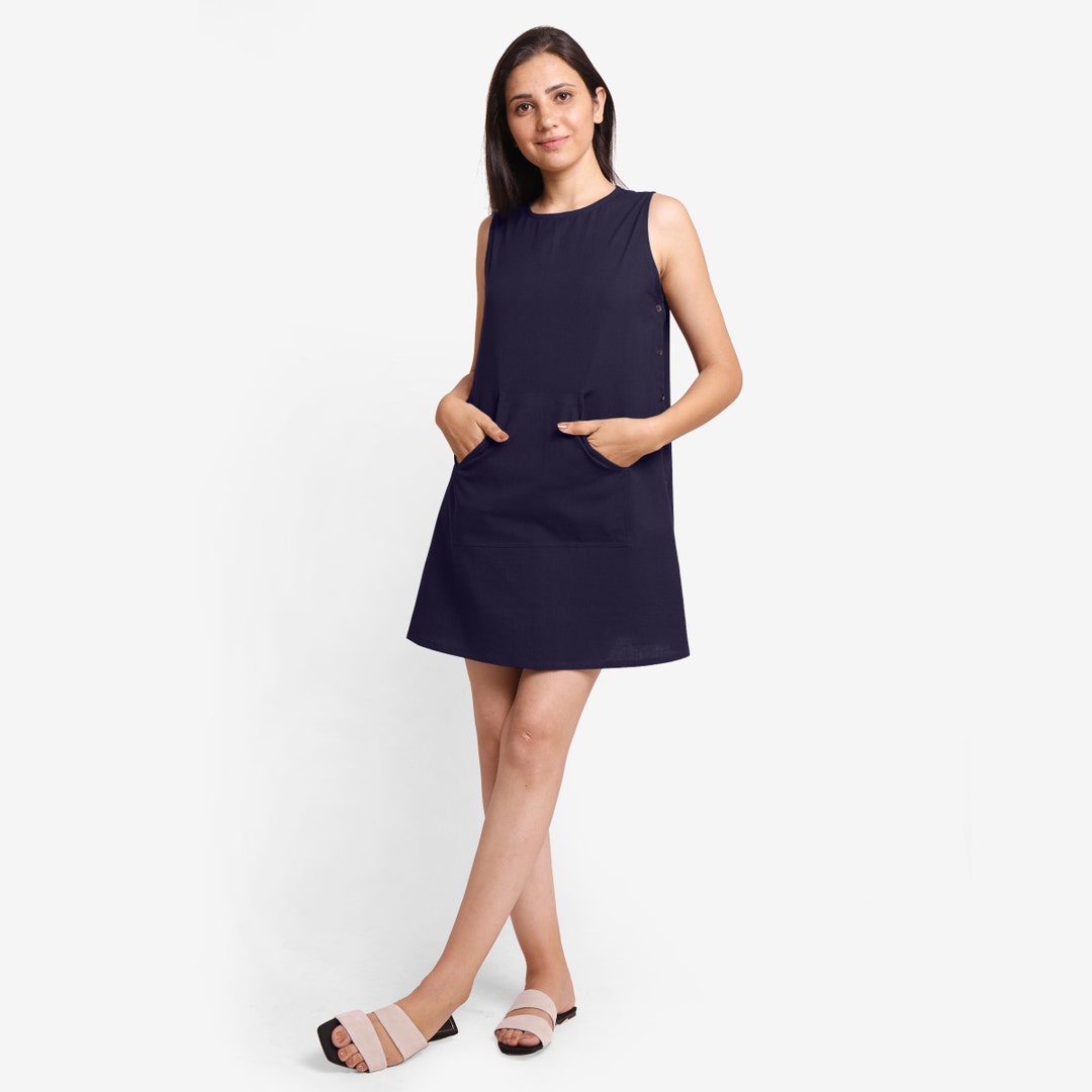 Robe bleu marine en lin coton, robe avec poche kangourou, mini