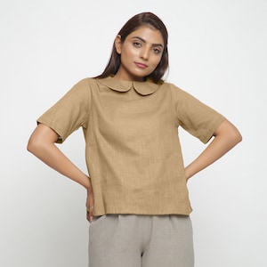 Beige Everyday Essential Top, A-Line Peter Pan Top, Solid Half Sleeve Top