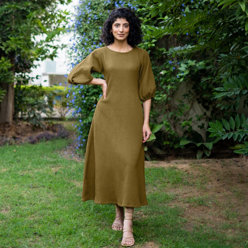 Brown Waffle Maxi Dress, Fit & Flare Cotton Dress with Pockets, Balloon Sleeves, Customizable, Plus Size Dress, Petite, Tall etsw image 10