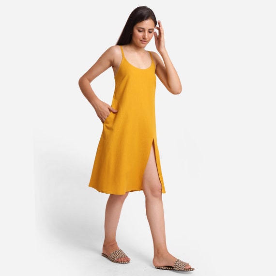 Mustard Cotton Flax Slit Dress Strappy Dress Slip Dress Customizable Dress Dress With Pockets Plus Size Petite Tall Size Etsw Etsy